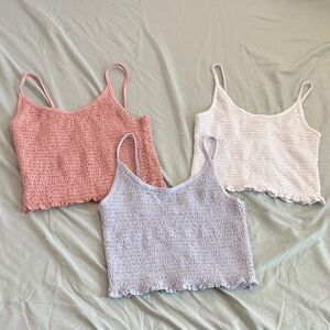 Hollister Smocked Cropped Tanks Bundle Pink Baby Blue White Medium